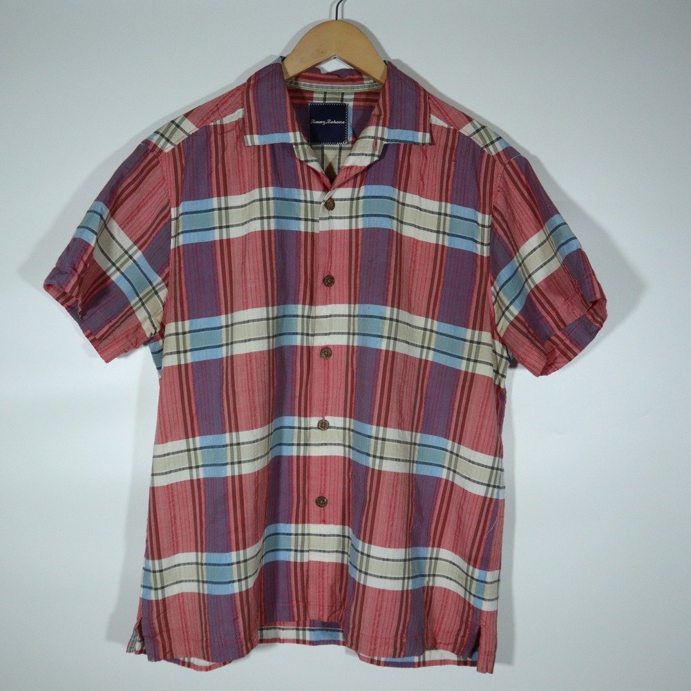 Tommy Bahama Shirt Medium Plaid Y2K Silk Cotton Blend Short Sleeve
